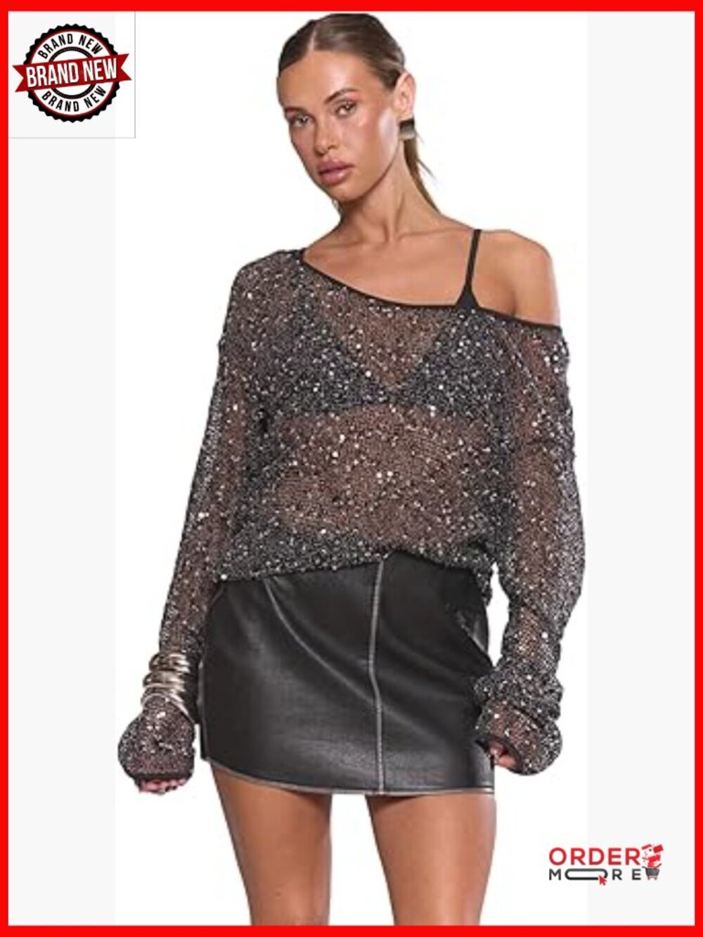 Sequin Crochet Sheer T Shirt Swimsuit Cover Up Long Sleeve Top